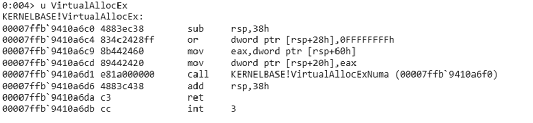 VirtualAllocExNuma disassembled in WinDbg